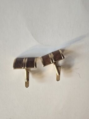 ART DECO VINTAGE STYLE YELLOW GOLD TONE CUFFLINKS LEATHER RECTANGULAR SHAPE